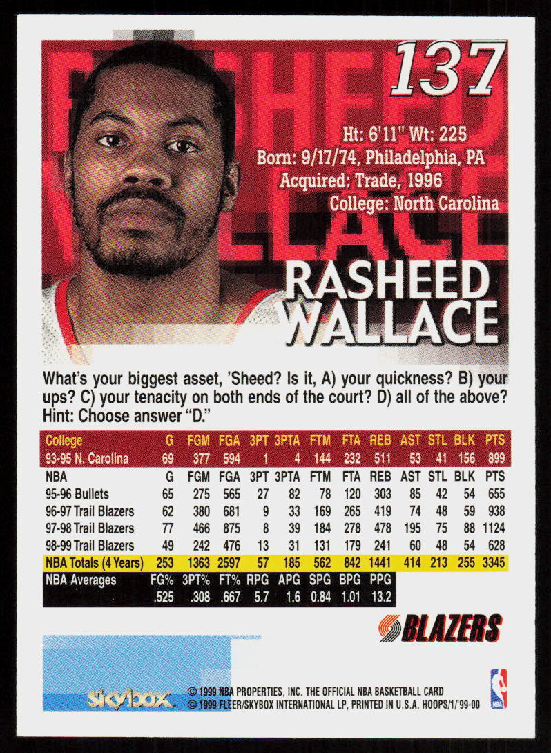 1999 Hoops Rasheed Wallace 137 Basketball Portland Trail Blazers eBay