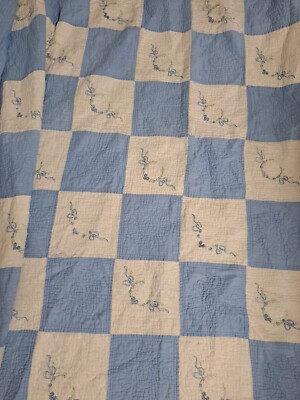 Vintage Patchwork Quilt Blue w/ Embroidery 78