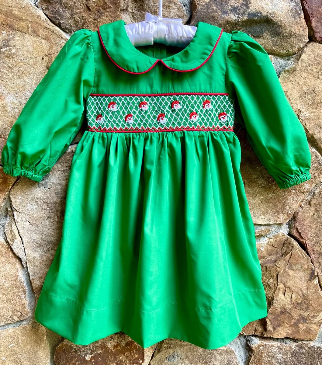 Smocked A Lot Girls Christmas Santa Dress Green Peter Pan Collar