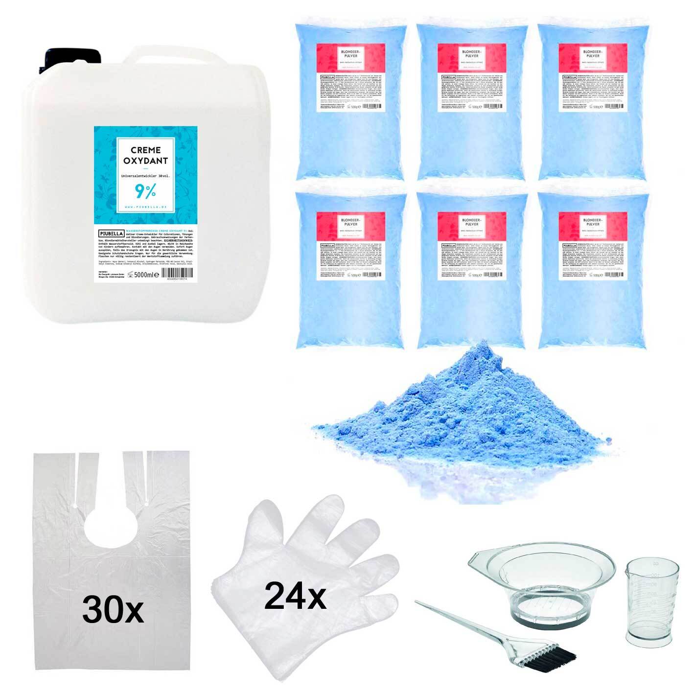 Набор для осветления волос (5 л 9%-ного оксиданта Piubella + 3 кг порошка Piubella Blondierpulver + Zubehör