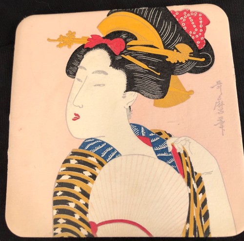 4 japanische Zeichen Gesichter Karton Untersetzer - 2 Paare - sehr bunt Vintage - Bild 3 von 6