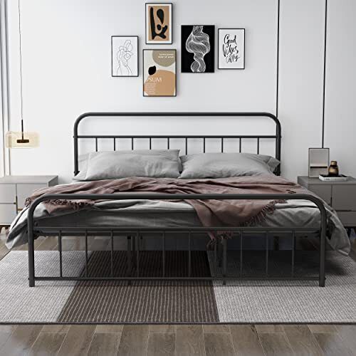 Marco de cama de plataforma de metal con cabecera vintage estribo extra rey negro - Imagen 1 de 6