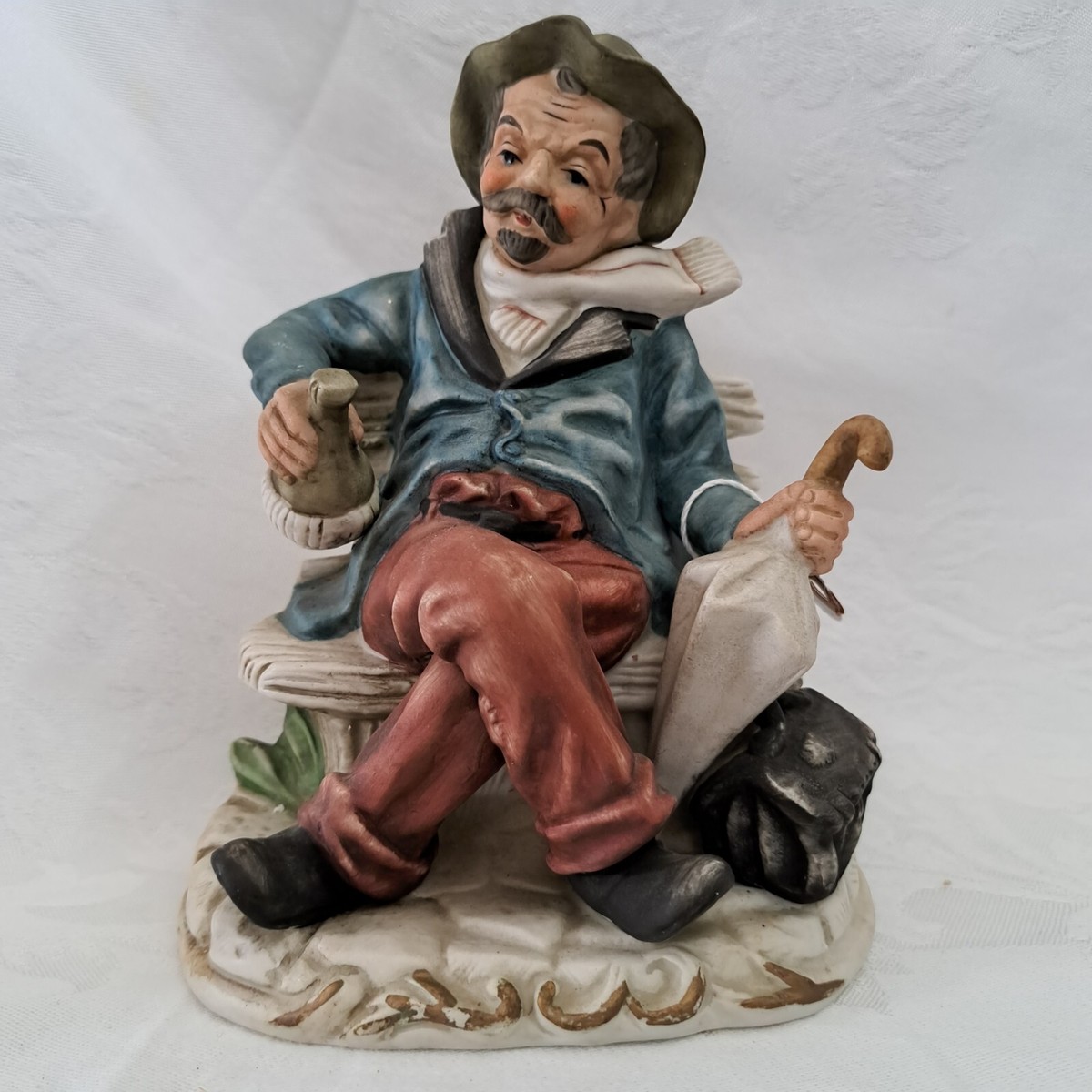 Vintage Drunk Man Hobo Sitting On Bench Figurine Porcelain