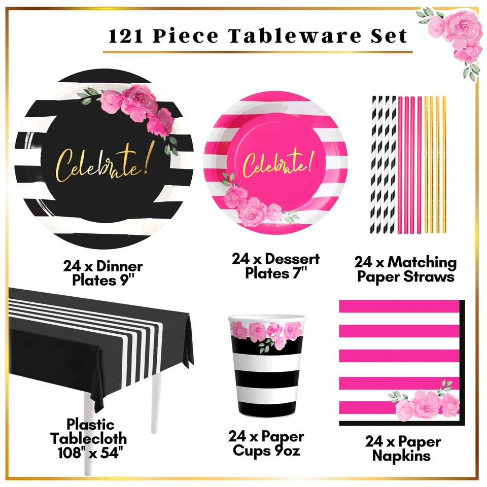 121 Piezas Decoraciones de Cumpleaños Negro y Rosa - Juego de Vajilla Desechable - Servir... Foto 2 de 4
