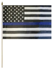 POLICE 12"X18" STICK MEMORIAL 68DNYLON 24" WOODEN STAFFTHIN BLUE LINE STICK FLAG