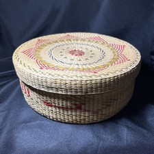 Vintage Hand Woven Lidded Basket w/ Eight Point Star Pattern; Soft Rattan/Wicker