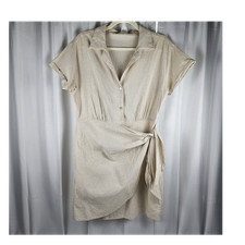 Mango MNG Linen Blend Short Sleeve Faux Wrap Tie Waist Shirt Dress Button Front