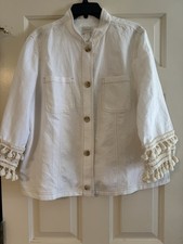 Chicos Womens Jacket Tassel Trim 3/4 Sleeve Linen Blend Beach Vacation Size 3