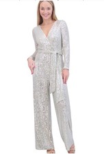 Eliza J Sequin Wrap Front Long Sleeve Jumpsuit, Silver, Size 2