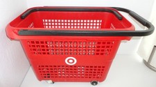 TARGET Red Rolling Shopping Basket Cart w/ Wheels 2 Handles Bullseye Logo
