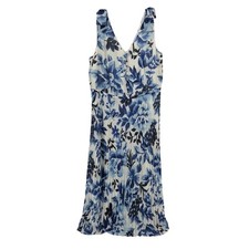 Talbots Floral Pleated Midi Dress 12 Blue White Bow Shoulder Garden Party