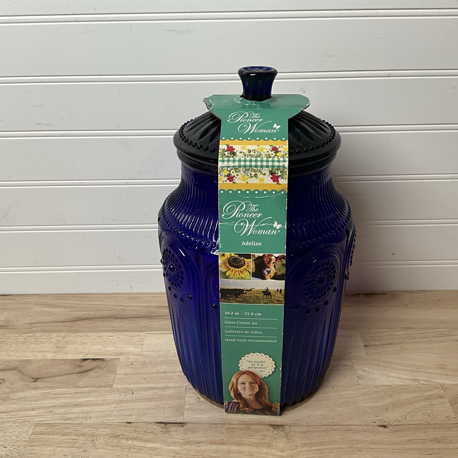 NEW Pioneer Woman Adeline Cobalt Blue Glass Canister w/ Lid Cookie Jar Embossed