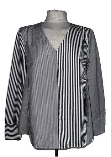 AKRIS GREY WHITE STRIPE 100% COTTON LOOSE BODY V-NECK BLOUSE SIZE 10 - Picture 3 of 9