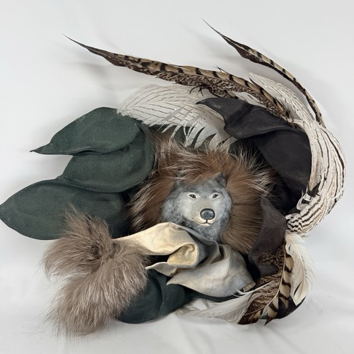 Jeffrey Paul Wolf Wall Hanging Sculpture Fur Feathers Leather Clay Nature
