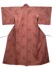 Unused Vintage Japanese Tsumugi Kimono Silk dyed Wine Red Floral M Yuki26.8 Long