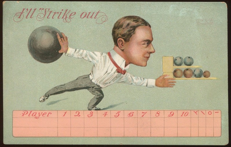I'll Strike Out. Pre-1920 postcard of bowler in bow tie, white dress shirt.