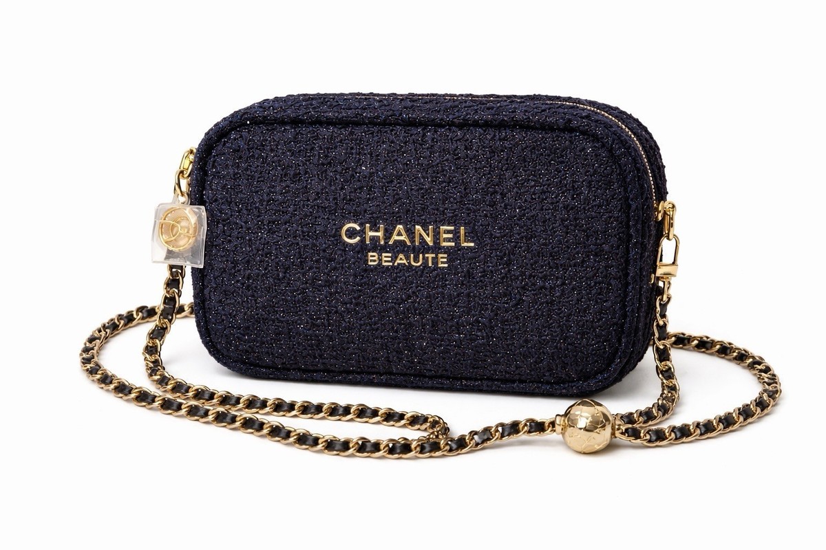 CHANEL Beauty Holiday Pouch Navy Tweed + added Gold Chain Camellia
