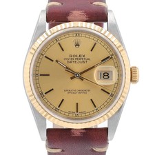 Rolex Mens Watch Datejust  16233 36mm Champagne Dial Fluted Bezel Leather Band