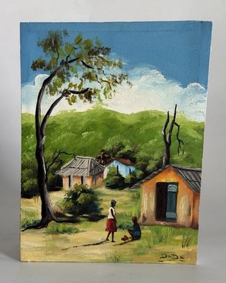 Signed DADA Folk Art Village Landscape Painting Original Acrylic Canvas Vintage