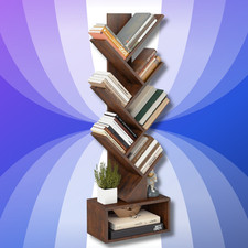 7 Tier Tree Bookshelf, Rustic Brown Floor Standing Bookcase with Storage Cabinet