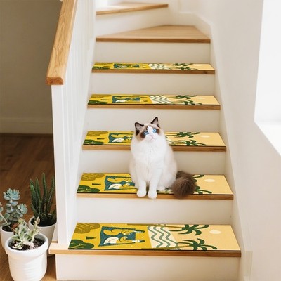 Yellow Background with Exquisite Patterned Print Stair Mat, Non-Slip Stair Car