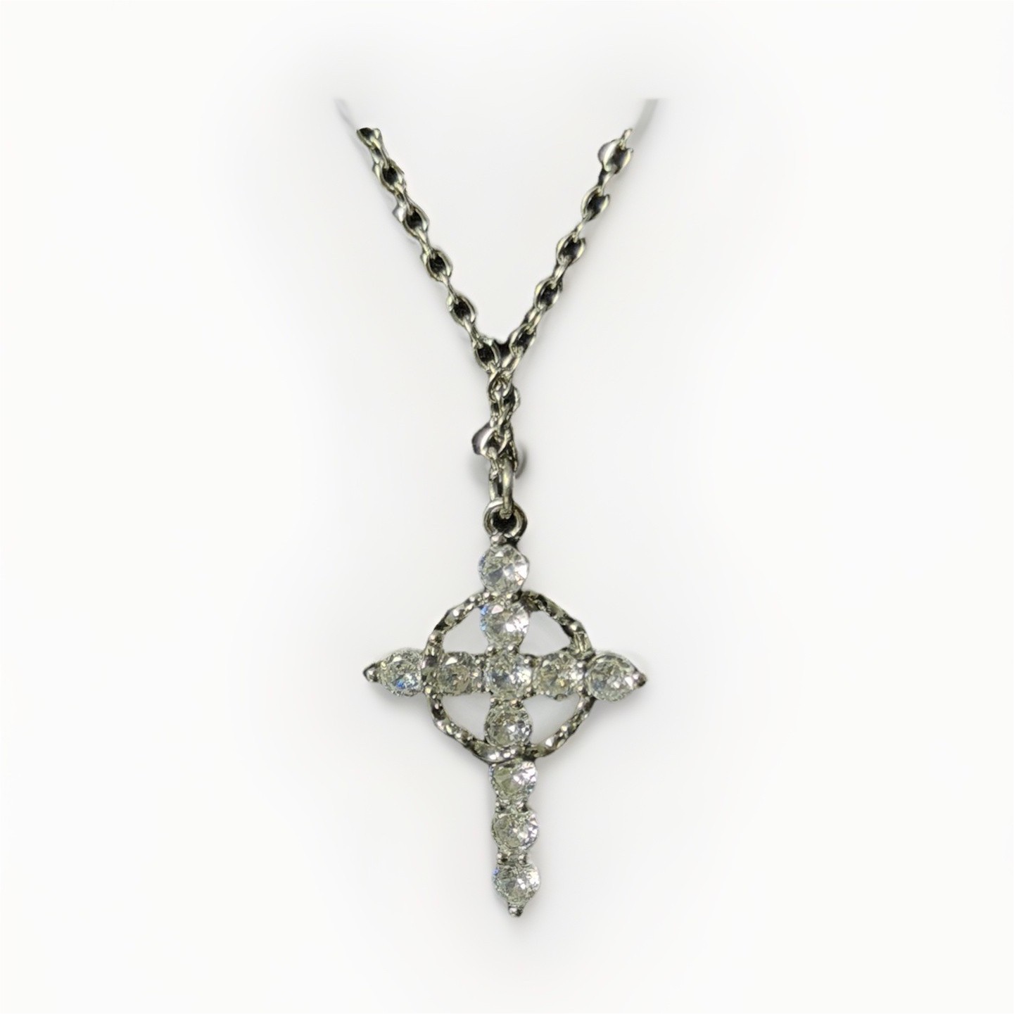 Silver Tone Ball Chain Necklace White Crystal Rhinestone Cross Charm Pendant