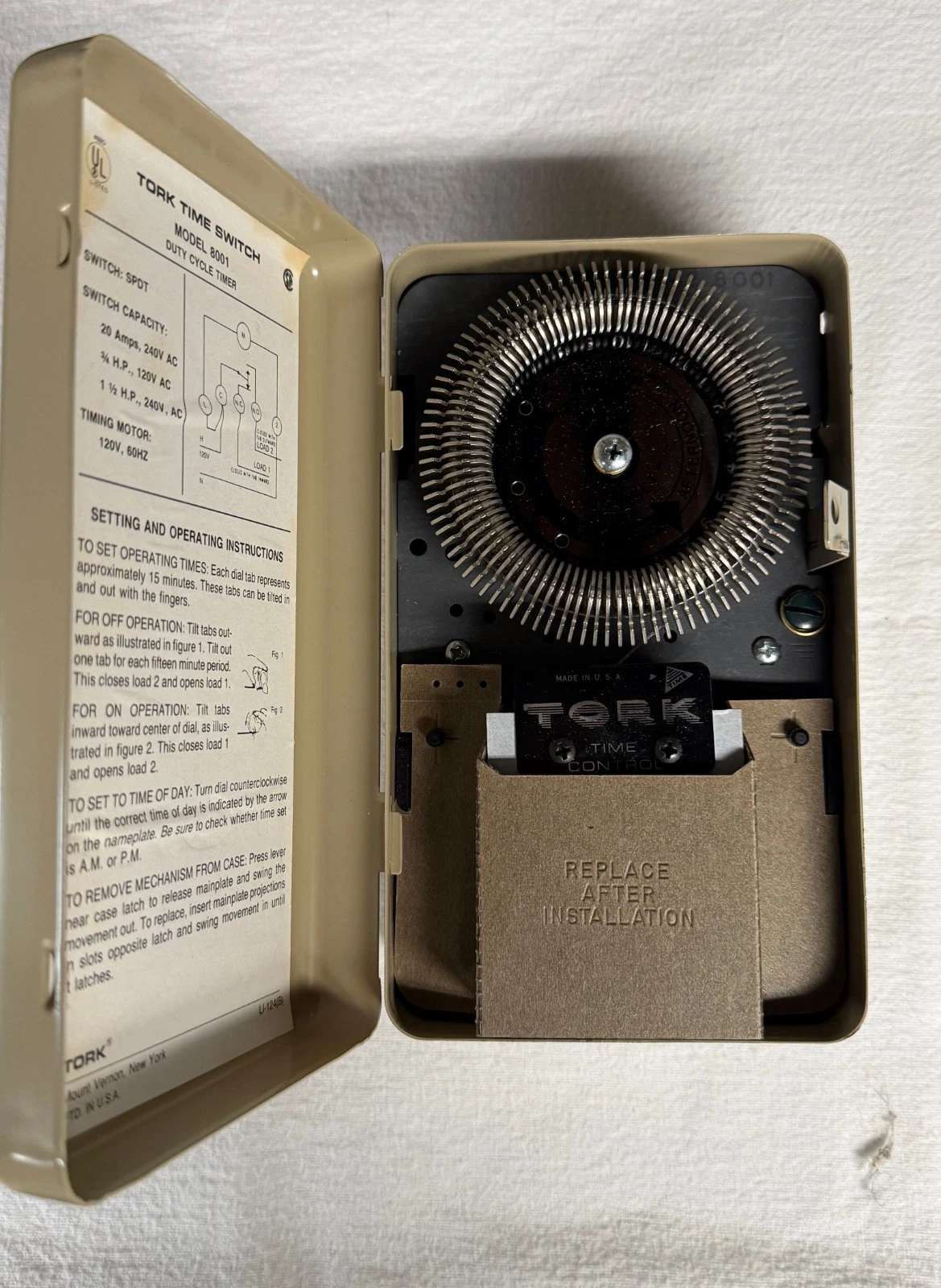 TORK 8001 24 Hr. Time Switch SPDT 20 amps 120 V NOS