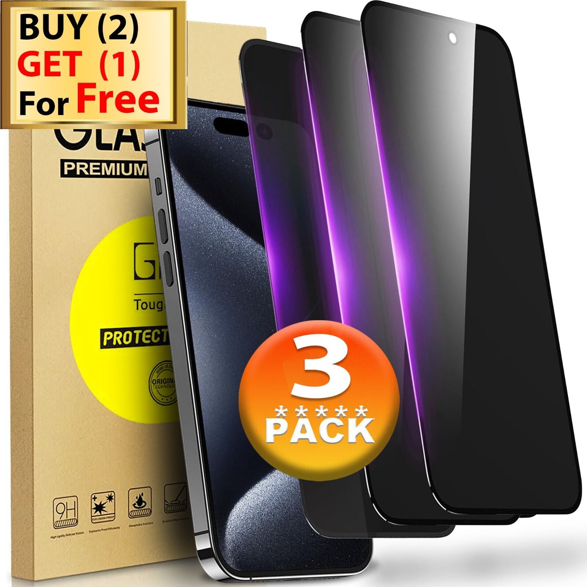 2x iPhone 15 14 13 12 11 Pro Max Privacy AntiSpy Tempered Glass Screen Protector