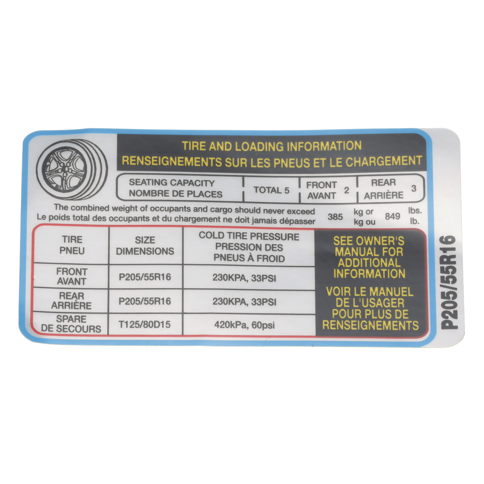 Etiqueta de presión de neumáticos para Kia Soul 2010-2013 (N/P 05203-2K520)