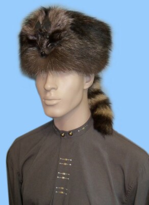 FUR HAT! NEW MENS DAVY CROCKETT-DANIEL BOONE RACCOON FACE-EARBAND-REMOVABLE  TAIL
