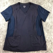 Beyond Scrubs Top Womens Medium Navy Blue V Neck 2 Pocket Stretch Style 5100SB