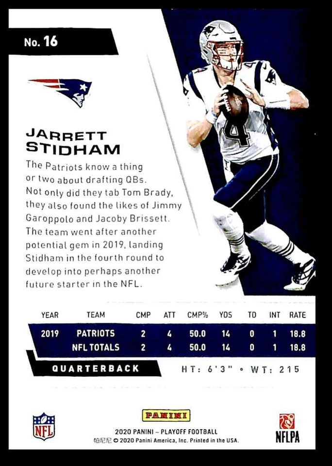 2020 Panini Playoff Jarrett Stidham New England Patriots #16 - Image 2 of 2