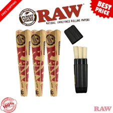RAW Classic  1 1/4 1.25 Pre-Rolled Cones w/ Filter Tip 3pk + RAW Three Tree Case