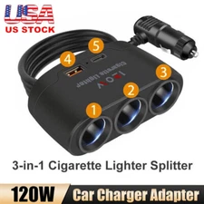 3 Way 120W Multi Car Cigarette Lighter Socket Extension Splitter USB Charger 12V