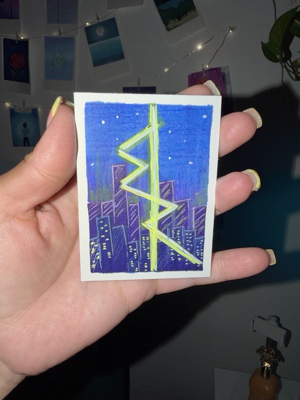 Original ACEO Cyberpunk Edgerunners Nightscape Neon Green Cyberpunk City 2.5x3.5