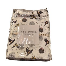 Rae Dunn Twin Sheet Set Witch Hats Spiderwebs White New 17in Deep Soft Bedding