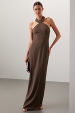 Ronny Kobo Lenox Gown Brown Crepe Maxi Halter Column Formal Dress Size XS $448