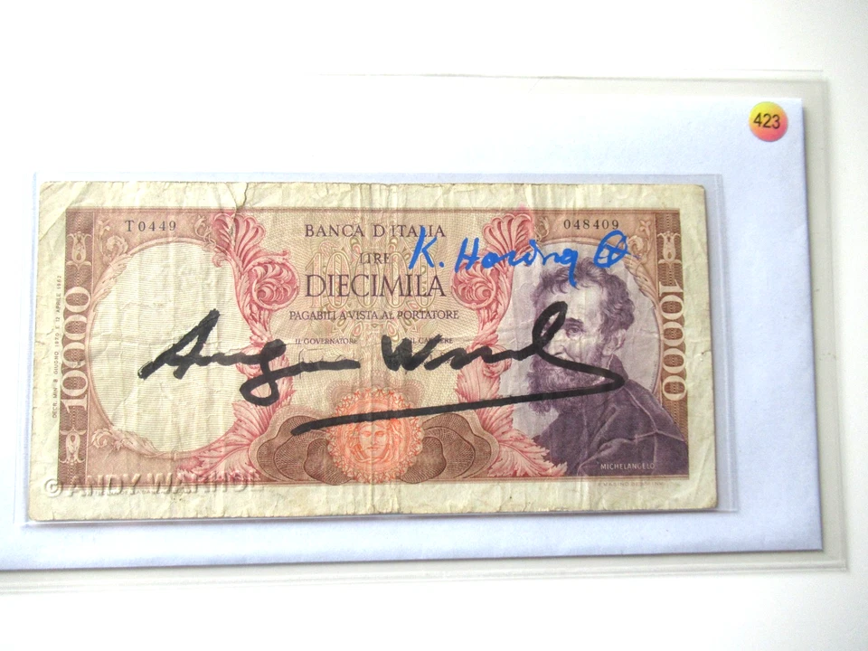 A. WARHOL/K.HARING: 10.000Lire "MICHELANGELO" 2x Original SIGNIERT IN SCHWARZ - Bild 2 von 4