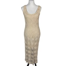 Vintage Newport News Y2K Crochet Knit Ivory Maxi Dress Lined Ramie Cotton Size M