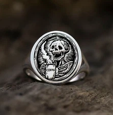 Skeleton Coffee Lover Signet Ring 925 Sterling Silver Handcrafted Ring