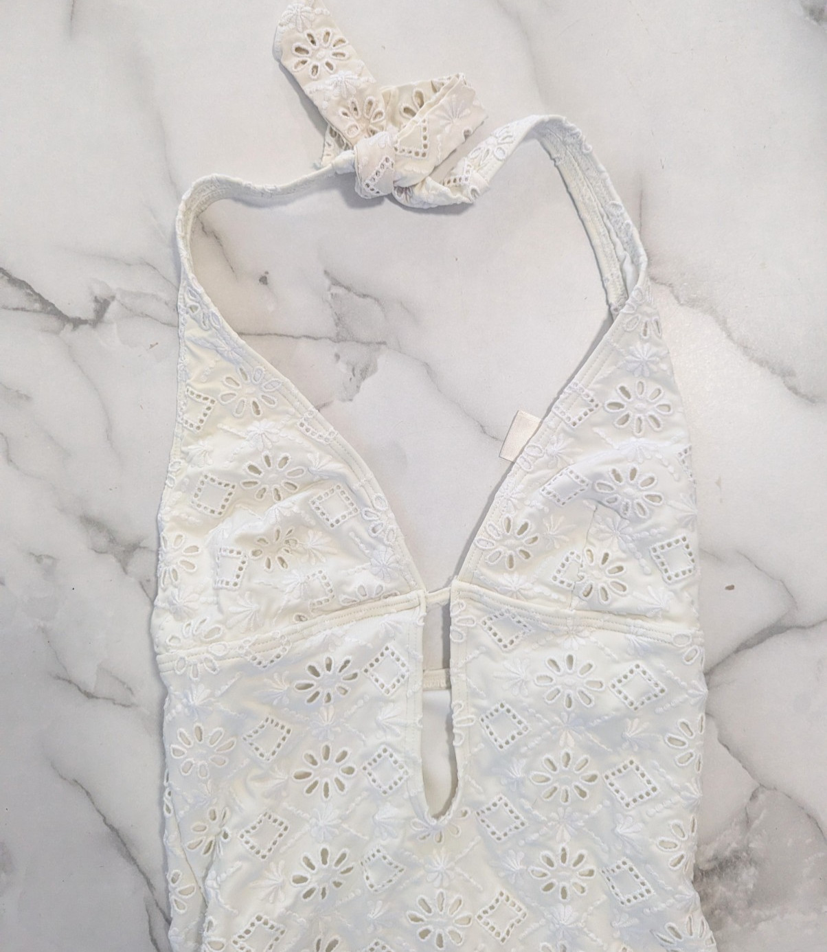 Kate Spade Eyelet One Piece Swimsuit Halter Plunge Cutout White Small S thumbnail 2