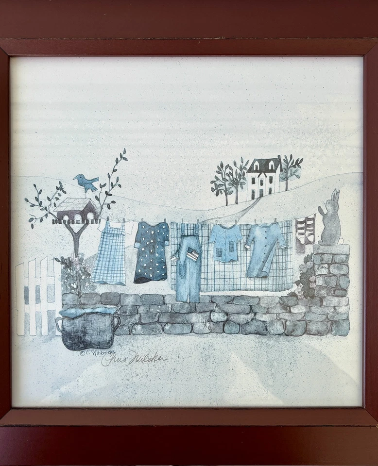 Cottagecore Folk Art Clothesline Scene Signed Watercolor Print Framed C. Wilsker - Image 4 of 4