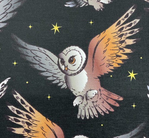 NIGHT OWL "WHAT A HOOT" ON STRETCH BLACK JERSEY FABRIC MATERIAL 60" WIDTH - Picture 2 of 3