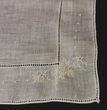 Vintage Hankie Embroidered 9.5" White Handkerchief Needlework Butterfly