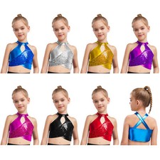 Kids Girls Tops Gym Vest Sequin T-shirt Gymnastic Blouse Jazz Crop Top Stage