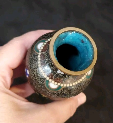 Antique Chinese Cloisonne Vase Multi Color Beautiful Design Blue Interior - Picture 24 of 24