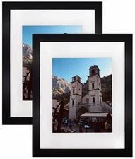 Set of 2, 11x14 Solid Wood Photo Frame for 8x10 Picture White Mat, Black