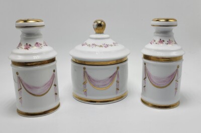 Old Andrea By Sadek vanity set Shakers & Powder Lidded Jar Hand Painted