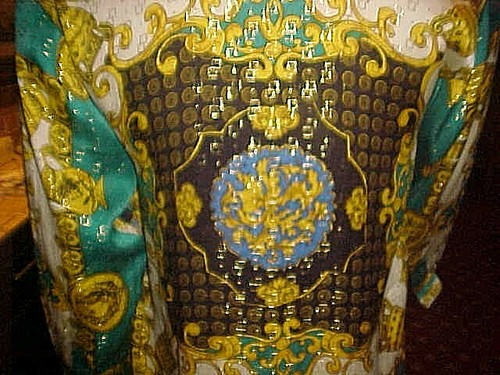 VINTAGE MEN'S SILK METALLIC GREEK & ROMAN MULTICOLOR TURQUOISE SHIRT SIZE SMALL - Picture 7 of 12