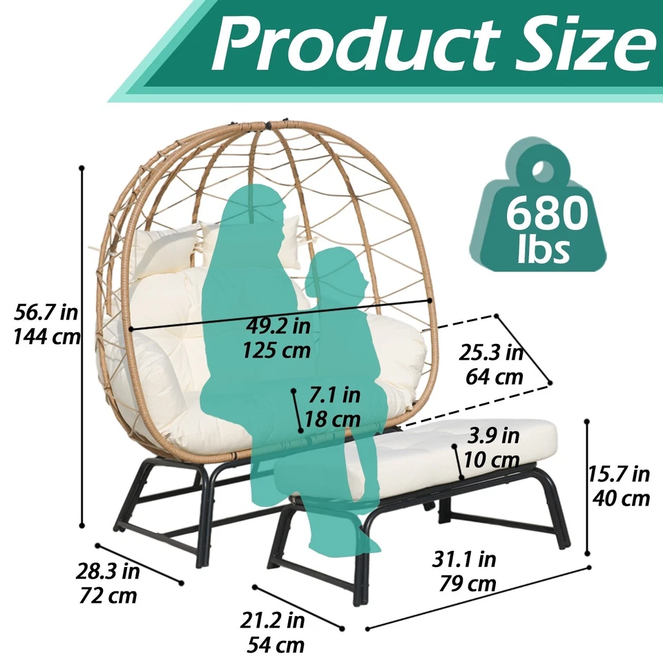 Silla Doble Huevo Exterior Sillas Patio con Otomana 680lbs Capacidad para 2 Personas Foto 4 de 4